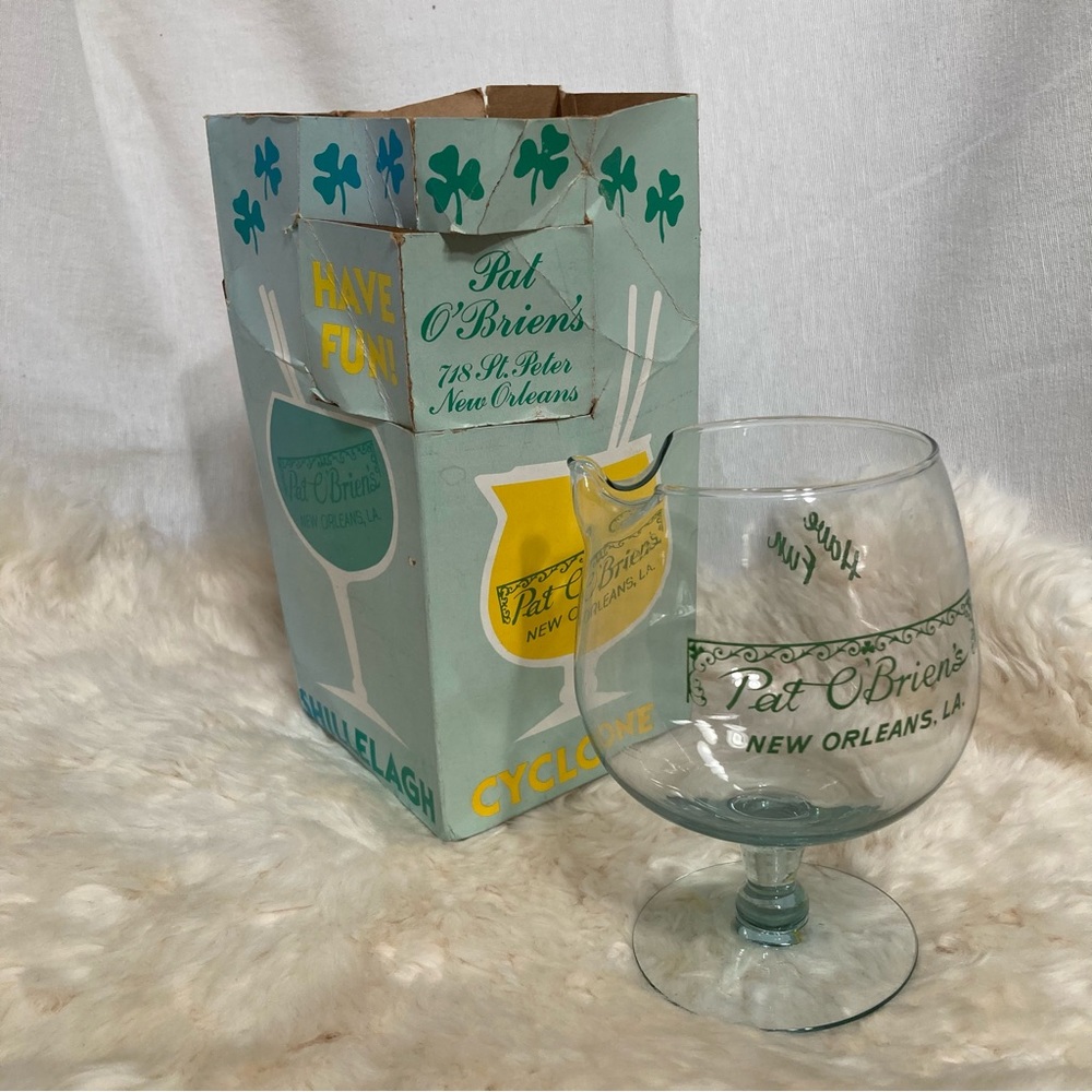 Pat O’Brien’s Vintage Cyclone Glass Pour Spout Snifter in Original Box